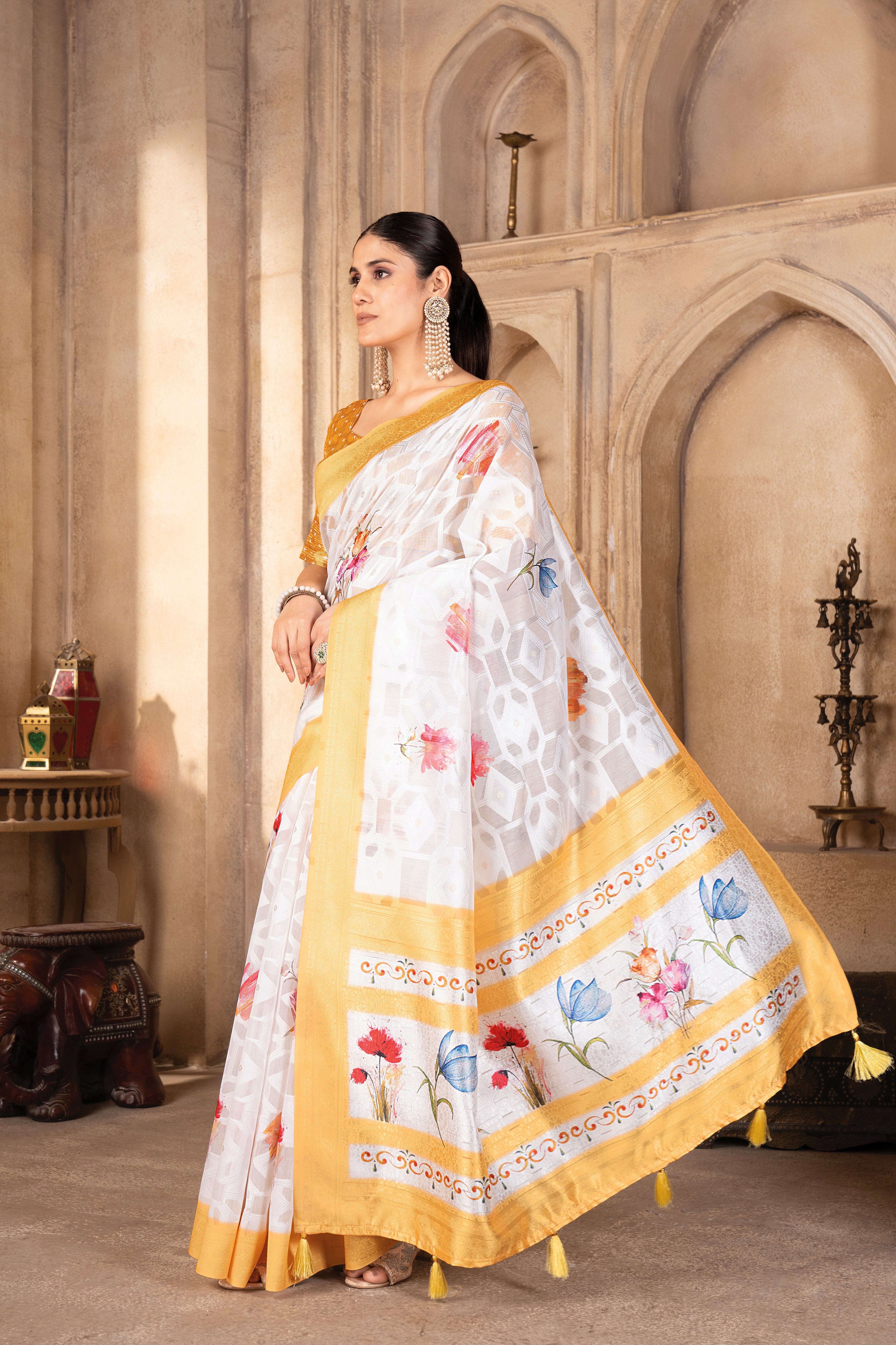 Pranamita Lakhnavi Yellow Blend Cotton Floral Digital Print Saree